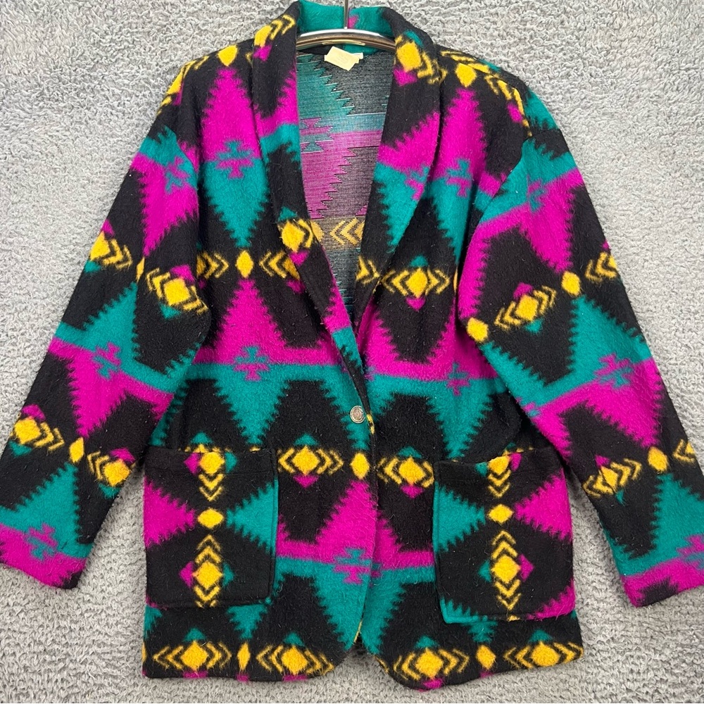 VTG Village Fair Aztec Print Blazer/Jacket Womens 1X One Button Western Fuzzy